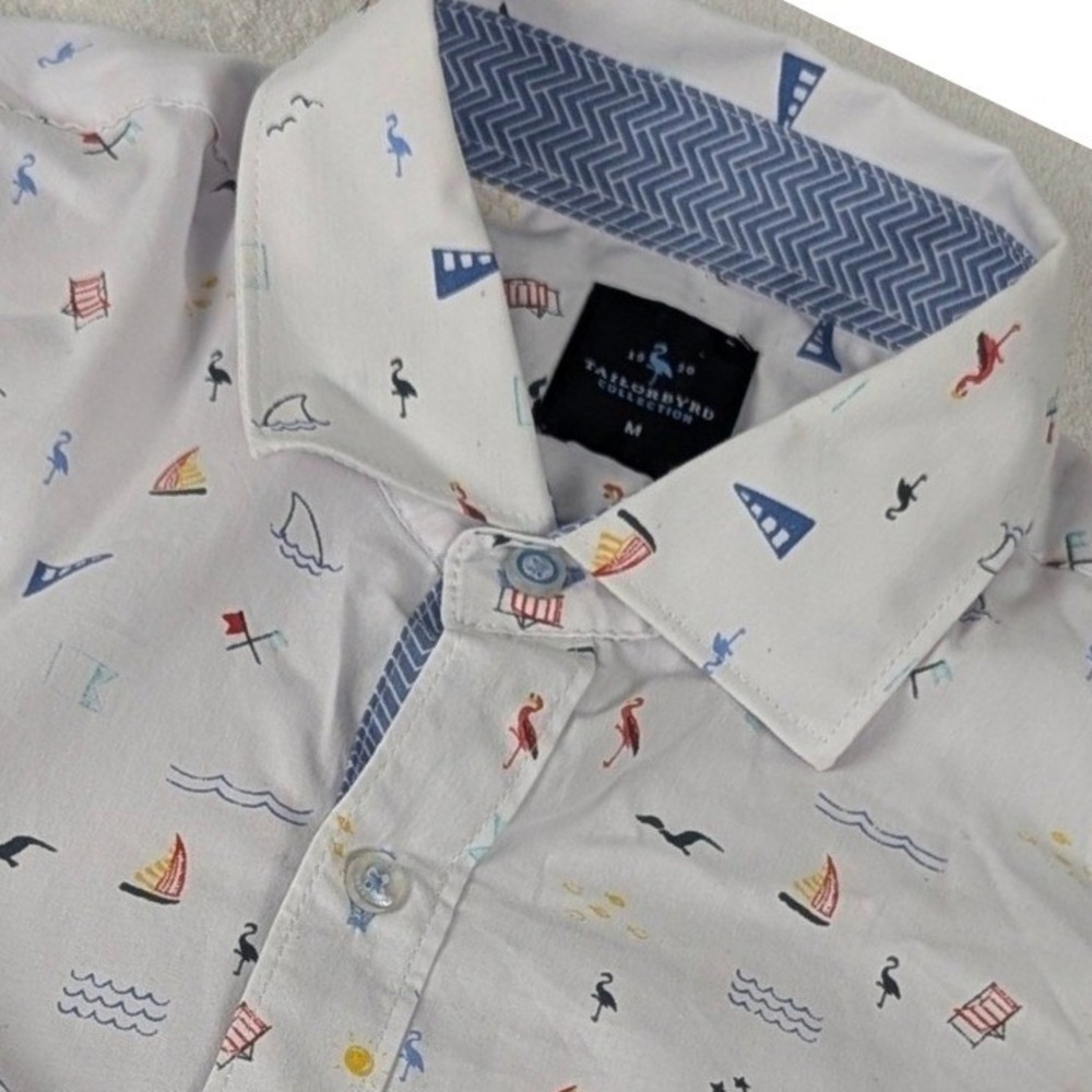 TailorByrd Mens White Nautical Beach Print Button Down Shirt Med‎ Flamingo Shark